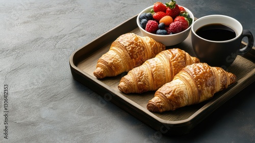A tray with a selection of croissants, both plain and almond-filled, served alongside a small bowl of fruit and a cup of freshly brewed coffee.