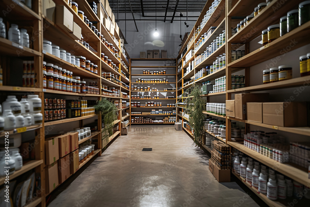Pharmacy warehouse shelves with medicine and vitamins stock Pharmacy warehouse shelves with medicine and vitamins stock