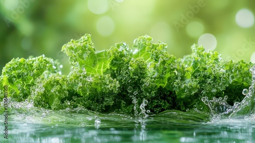 Bright, green kale leaves gently floating in water with water droplets clinging to them, set on a blurred green background for a fresh culinary aesthetic.
