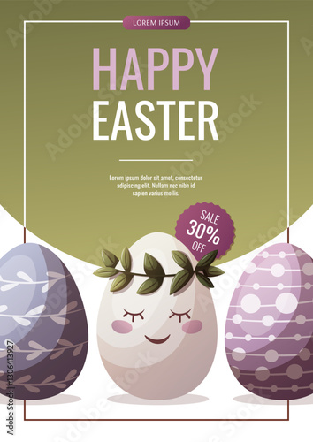 Happy Easter flyer with decorated easter eggs. Festive, holiday, Easter. Vector illustration for, banner, promo, sale, advertising.