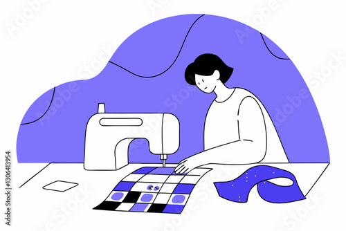 Seamstress Working with Sewing Machine and Fabric in Minimalist Vector Illustration