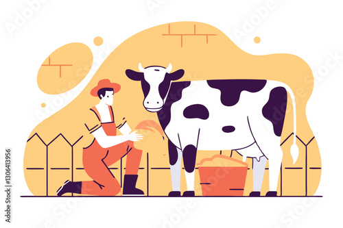 Farmer Milking Cow in Pasture: Modern Agriculture and Sustainable Farming Concepts