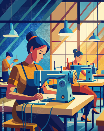 Seamstress Workshop: Skilled Women Operating Sewing Machines in Industrial Setting