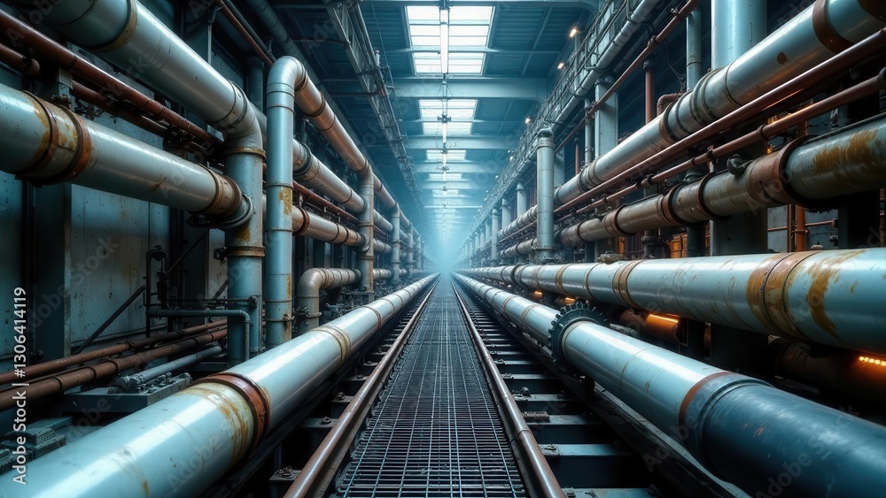 Industrial Corridor A Network of Aged Pipes and Rails Leading to a Distant Light Industrial Corridor A Network of Aged Pipes and Rails Leading to a Distant Light
