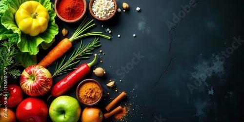 A vibrant assortment of fresh produce and aromatic spices arranged artfully on a dark textured surface, creating a visually appealing and healthy food composition.