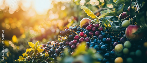 Sunlit harvest bounty: grapes, apples, and plums nestled amongst leaves photo