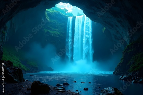 A massive waterfall hidden inside a glowing bioluminescent cave.