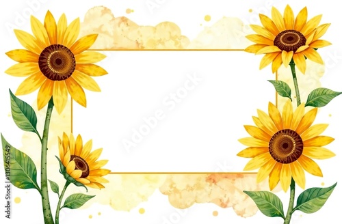 A white rectangular text space surrounded by beautiful open sunflowers.