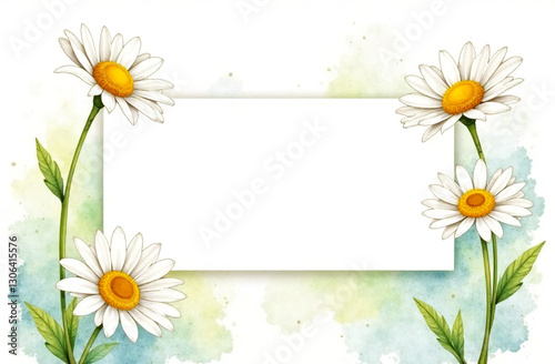 Flower postcard with daisies painted in watercolor, a place for the text in the center.