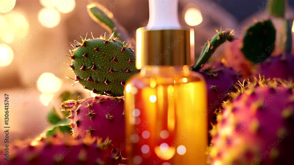 A premium dropper bottle filled with golden prickly pear seed oil, surrounded by vibrant cactus fruits and illuminated by warm, glowing bokeh lights. The enchanting atmosphere highlights the elegance 