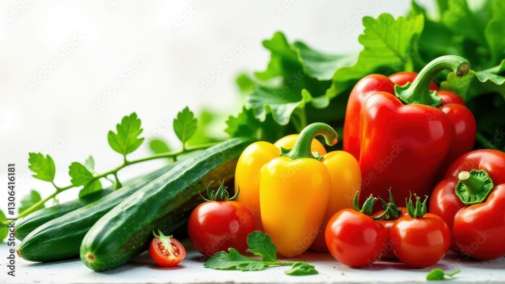 Vibrant summer harvest showcasing ripe red and yellow bell peppers, crisp cucumbers, and juicy red tomatoes, all nestled amongst fresh green leafy vegetables. Vibrant summer harvest showcasing ripe red and yellow bell peppers, crisp cucumbers, and juicy red tomatoes, all nestled amongst fresh green leafy vegetables.