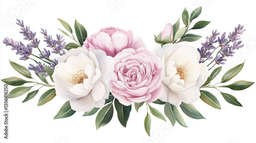 A gentle watercolor arrangement with pink roses, white peonies, and soft greenery for a peaceful and romantic floral composition