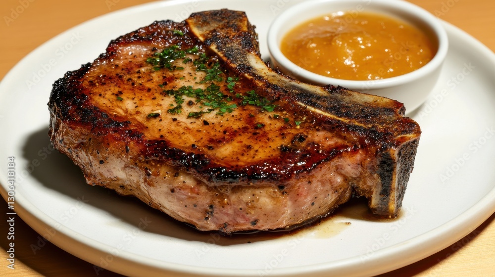 A perfectly seasoned pork chop with a side of apple sauce, A perfectly seasoned pork chop with a side of apple sauce,