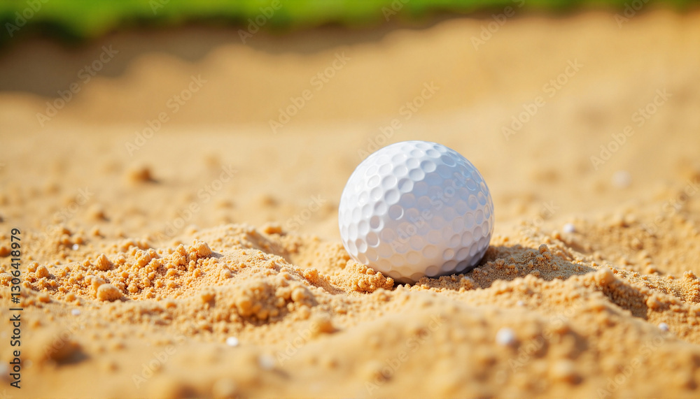 Golf ball resting in soft golden sand, sandy bunker challenge Golf ball resting in soft golden sand, sandy bunker challenge