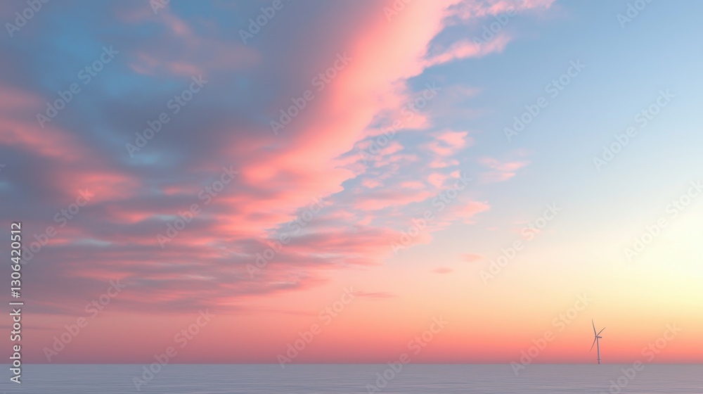 Serene Sunset Over Calm Ocean with Wind Turbine in the Distance Serene Sunset Over Calm Ocean with Wind Turbine in the Distance