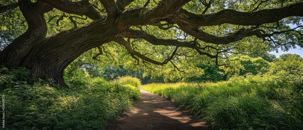 Naklejka premium Serene nature trail under the shade of a majestic oak tree in a lush green meadow on a sunny day Concept of tranquility, escape, and natural beauty