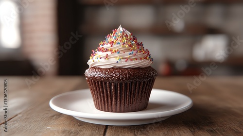 Decadent Chocolate Cupcake with Creamy Frosting and Colorful Sprinkles on Plate photo