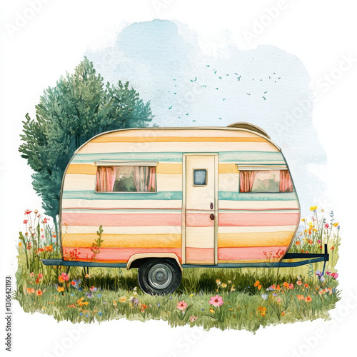 colorful vintage caravan surrounded by wildflowers and greenery