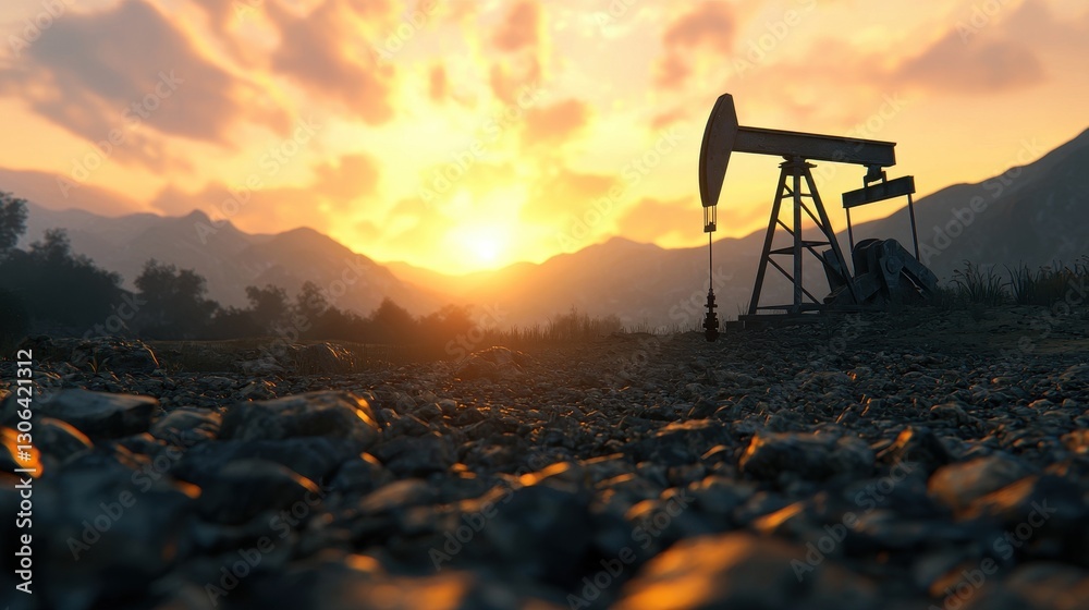 Naklejka premium Oil Pump Jack at Sunset Over Mountains and Rocky Ground Landscape