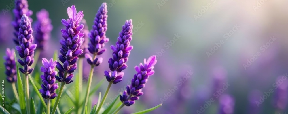Fototapeta premium Vibrant purple lavender blooms, lush green stems , stem, stock photo, spa