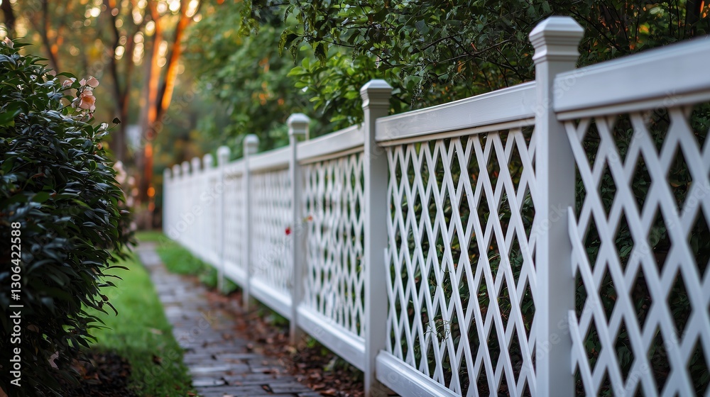 White lattice fence along a garden path, symbolizing privacy and boundary. White lattice fence along a garden path, symbolizing privacy and boundary.