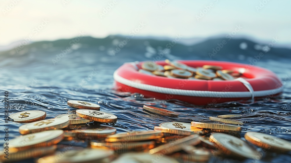 Obraz premium Life preserver with coins in water symbolizes financial aid during crises.