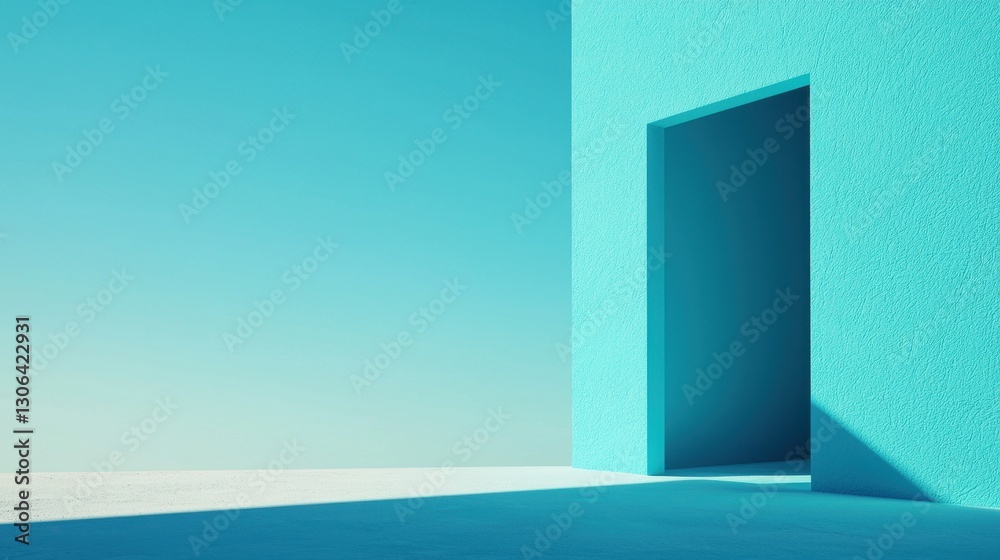 Fototapeta premium Minimalist Blue Wall with Open Doorway Against Clear Sky