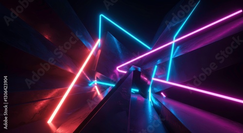 Neon Geometry: Dive into an abstract world of vibrant neon lights forming geometric shapes in a dark space, a modern display of futuristic art. 
