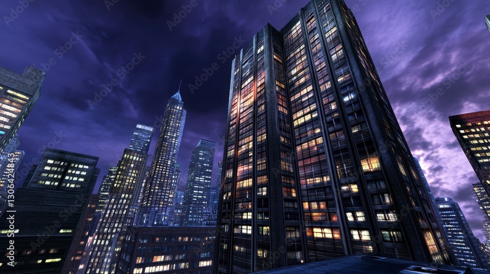 Fototapeta premium Dramatic Nightscape Illuminated City Towers Under a Purple Sky