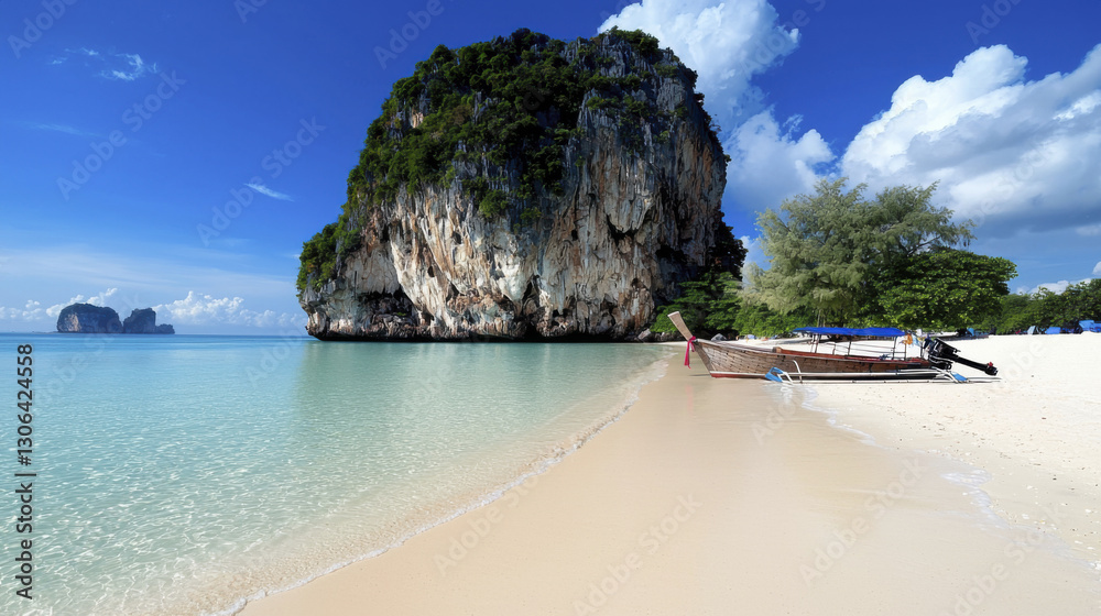 Fototapeta premium serene beach scene featuring clear turquoise water, sandy shore, and rocky island backdrop under bright blue sky