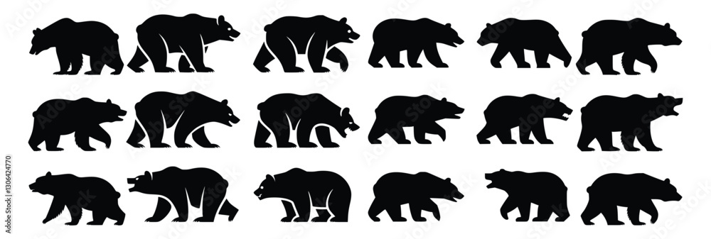 Set of vector silhouettes, bears in black, representing wildlife and nature Set of vector silhouettes, bears in black, representing wildlife and nature