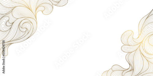 Vector gold and white line wave art, japanese golden clouds, luxury sea ornament at corners. Water oriental banner, river fluid abstract template, wallpaper.