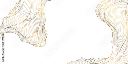 Vector gold and white line wave art, japanese golden clouds, luxury sea ornament at corners. Water oriental banner, river fluid abstract template, wallpaper.