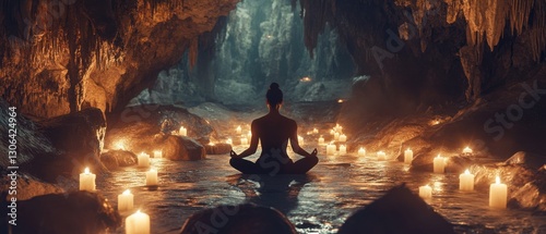 Serene woman meditating in lotus position inside a candlelit cave for mindfulness and spiritual wellness Concept of relaxation, tranquility, and inner peace