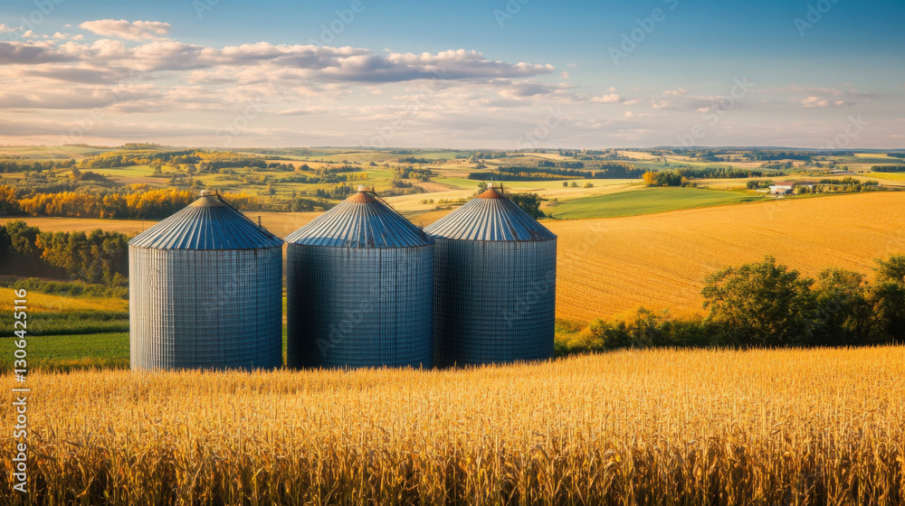 Harvested crops stored in large, round silos with a wide-open farm landscape in view Harvested crops stored in large, round silos with a wide-open farm landscape in view
