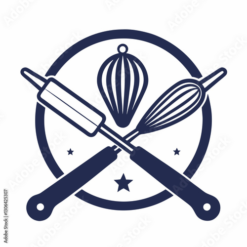 whisk and rolling pin forming a balanced emblem