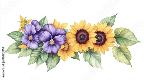 A watercolor floral composition featuring purple and yellow flowers, soft green accents, and a vibrant design