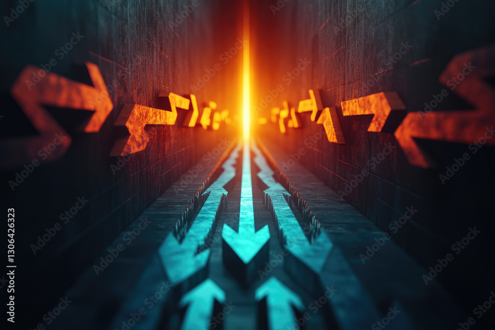 Obraz premium Arrows merging into a single path toward a glowing center in an artistic vision of unification goals and success