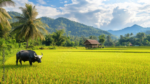 Thai farm with a picturesque water buffalo grazing in a lush green rice field