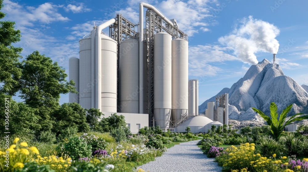 Fototapeta premium Industrial Complex Amidst Lush Greenery and Mountainous Terrain