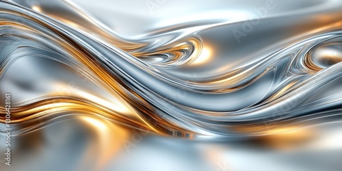 Shimmering metallic fabric folds create a dynamic visual with flowing silver and gold hues in a modern abstract composition