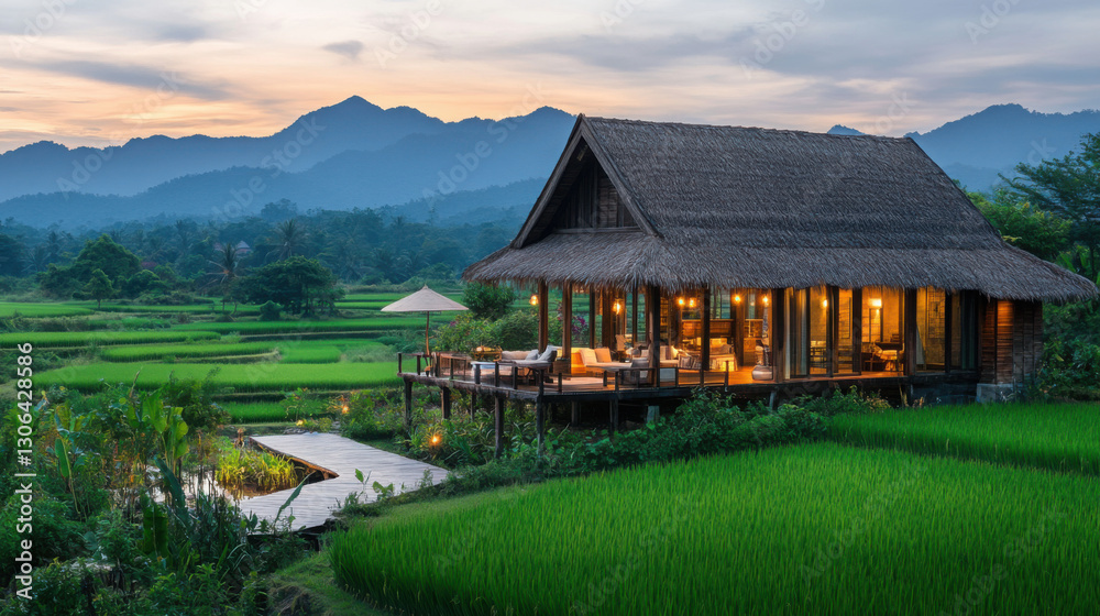 Rustic Thai farmhouse with a thatched roof and a backdrop of lush rice paddies and hills Rustic Thai farmhouse with a thatched roof and a backdrop of lush rice paddies and hills