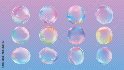 Art & IllustrationColorful soap bubbles on a transparent background. Soap bubbles with rainbow hues. Floating bubbles, perfect for a playful, dreamy, or whimsical design. Soap bubble element vector se