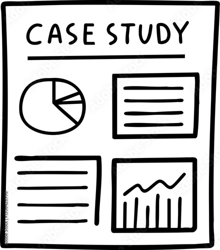 Market Research Outline concept. Case study graphic with charts and text sections for analysis.