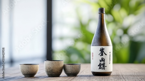 Sake Bottle and Cups on Wooden Table with Blurred Green Background