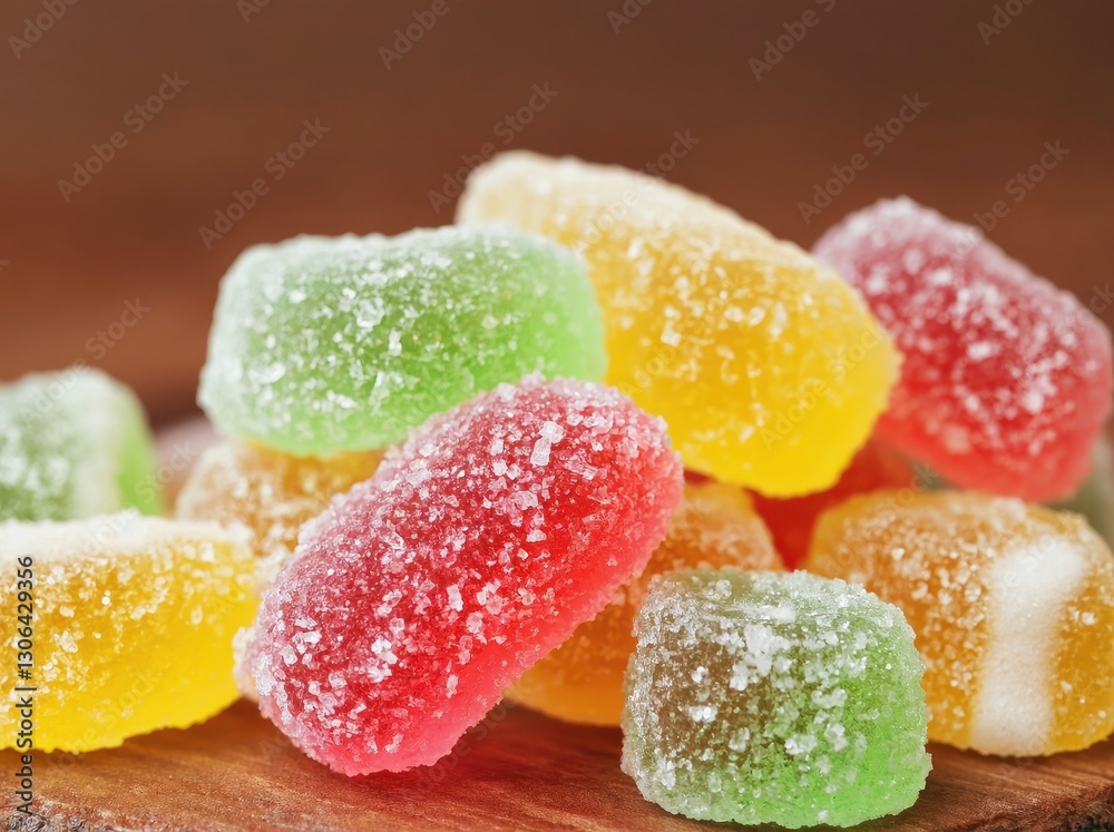 Colorful gummy candies on wooden surface Colorful gummy candies on wooden surface