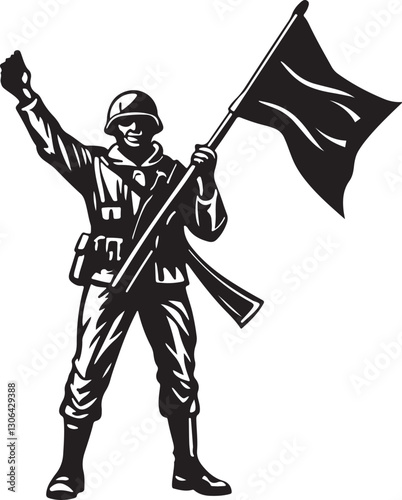 Army Silhouette with Raised Arms, Vector Illustration of Soldier Holding Rifle and Flag on White Background.