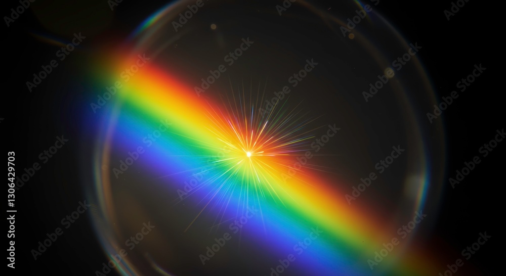 Obraz premium Rainbow Light Spectacle: A captivating display of a spectrum of colors refracted through a transparent orb against a dark backdrop, showcasing the science of light.
