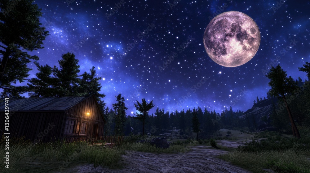 Naklejka premium Stone Cottage Under a Full Moon and Starry Sky