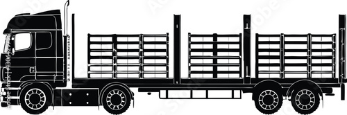Black and White Silhouette of Semi Truck with Aerodynamic Sleeper Cab and Flatbed Trailer Vector Side View with Pallets on White Background.